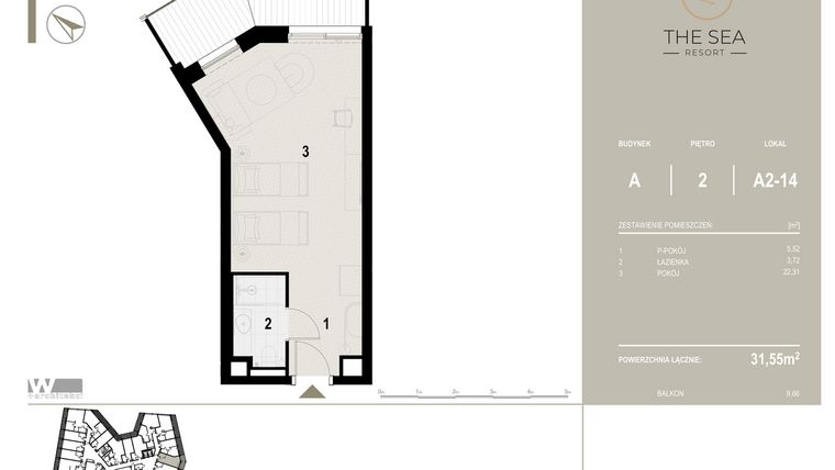 Rzut - Mieszkanie na sprzedaż 1 pokój o powierzchni 31,55 m² - numer A2-14 (wykończony) w The Sea Resort Międzyzdroje
