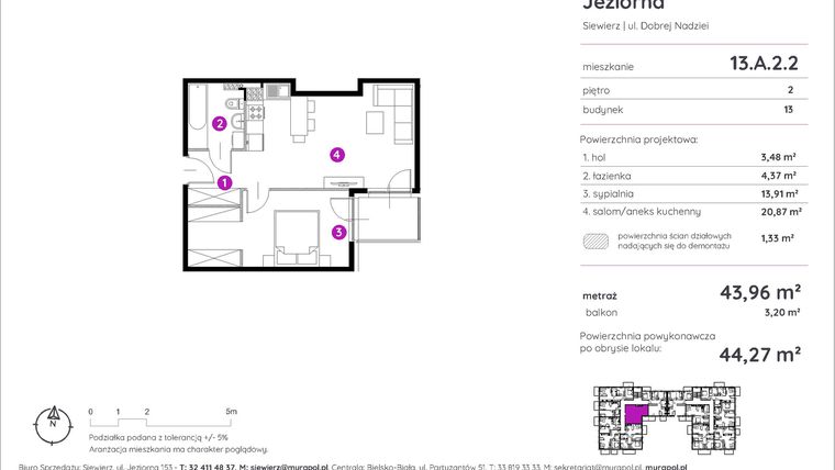Rzut - Mieszkanie na sprzedaż 2 pokoje o powierzchni 44,27 m² - numer 13.A.2.2 w Murapol Siewierz Jeziorna