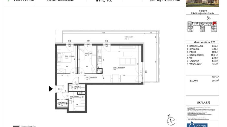 Rzut - Mieszkanie na sprzedaż 3 pokoje o powierzchni 71,57 m² - numer E20 w Osiedle przy Parku