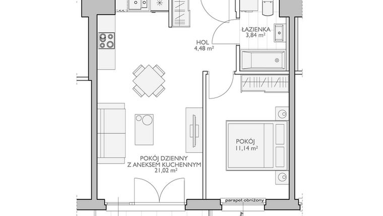 Rzut - Mieszkanie na sprzedaż 2 pokoje o powierzchni 41,67 m² - numer WO/O18/26 w Wiszące Ogrody
