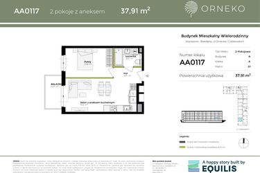 Rzut - Mieszkanie na sprzedaż 2 pokoje o powierzchni 37,91 m² - numer AA0117 w Orneko