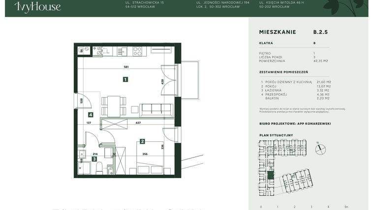 Rzut - Mieszkanie na sprzedaż 2 pokoje o powierzchni 42,35 m² - numer B.2.5 w IVY HOUSE