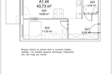 Rzut - Mieszkanie na sprzedaż 2 pokoje o powierzchni 43,73 m² - numer A1.44 w FORTnatura