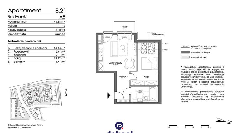 Rzut - Mieszkanie na sprzedaż 2 pokoje o powierzchni 46,66 m² - numer 8.21 w Trimare