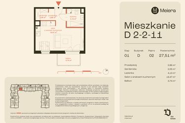 Rzut - Mieszkanie na sprzedaż 1 pokój o powierzchni 27,51 m² - numer D2-2-11 w Osiedle Meiera