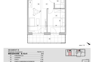 Rzut - Mieszkanie na sprzedaż 2 pokoje o powierzchni 41,36 m² - numer B.10.41 w ATAL Unii Lubelskiej