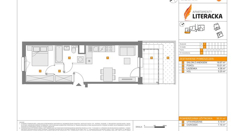 Rzut - Mieszkanie na sprzedaż 2 pokoje o powierzchni 38,31 m² - numer B.40 w Apartamenty Literacka