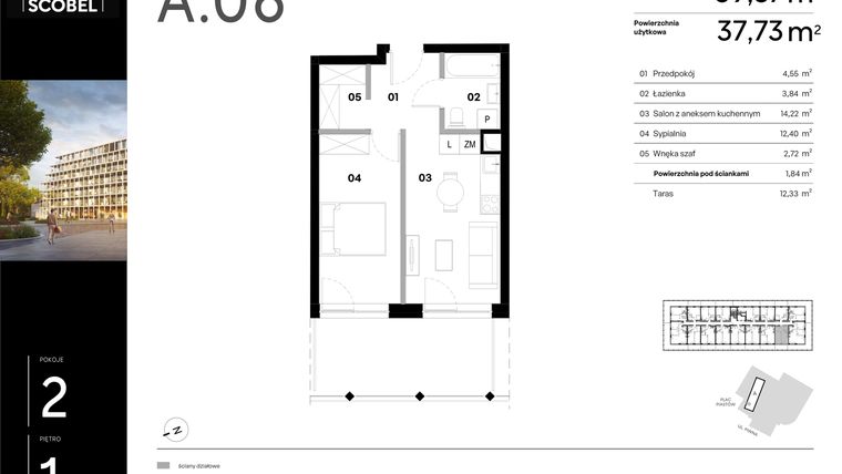 Rzut - Mieszkanie na sprzedaż 2 pokoje o powierzchni 39,57 m² - numer A.06 w Browar HUGO SCOBEL