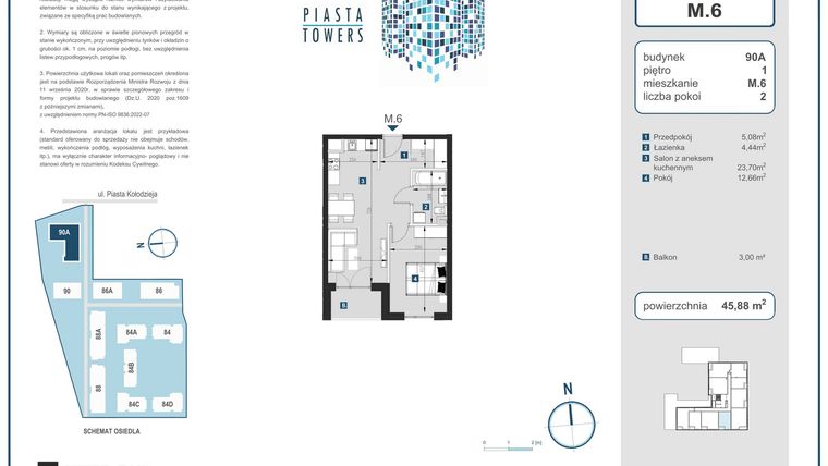 Rzut - Mieszkanie na sprzedaż 2 pokoje o powierzchni 45,88 m² - numer 6 w Piasta Towers bud. 90A