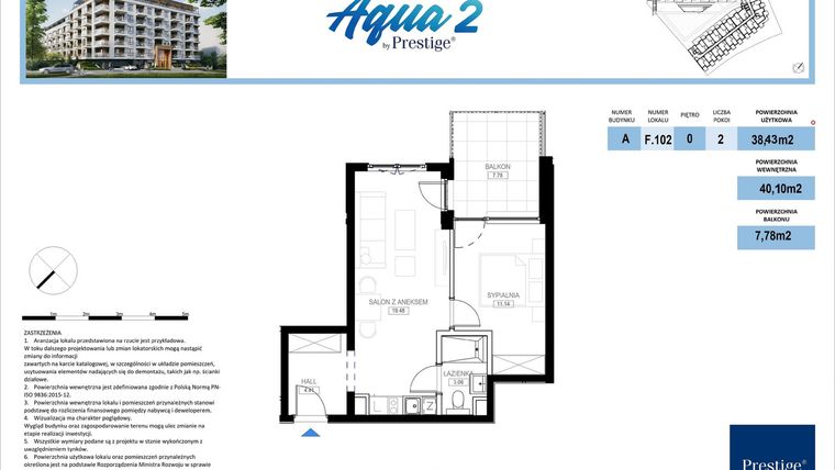 Rzut - Mieszkanie na sprzedaż 2 pokoje o powierzchni 38,43 m² - numer F.102 w Bel Mare (Międzyzdroje)