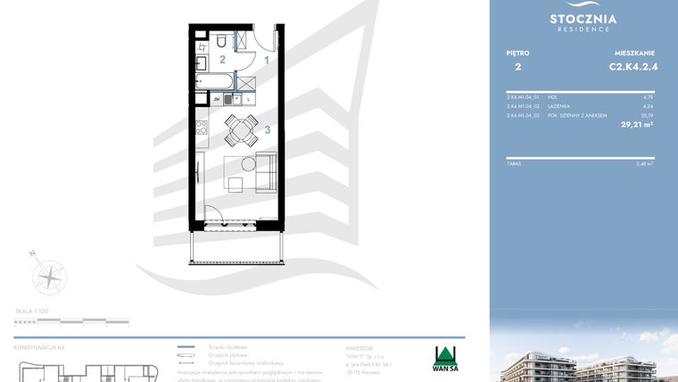 Rzut - Mieszkanie na sprzedaż 1 pokój o powierzchni 29,21 m² - numer C2.K4.2.4 w Stocznia Residence