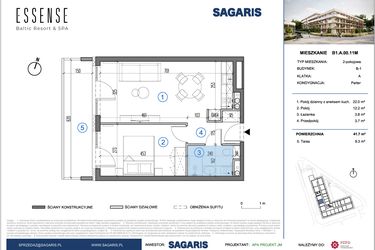 Rzut - Mieszkanie na sprzedaż 2 pokoje o powierzchni 41,7 m² - numer B1.A.00.11M w ESSENSE Baltic Resort&SPA 2