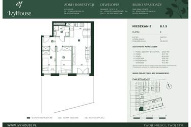 Rzut - Mieszkanie na sprzedaż 3 pokoje o powierzchni 52,06 m² - numer B.1.5 w IVY HOUSE