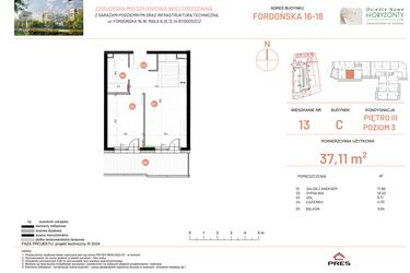 Rzut - Mieszkanie na sprzedaż 2 pokoje o powierzchni 37,11 m² - numer 16.13 w Osiedle Nowe Horyzonty etap II