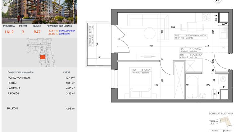 Rzut - Mieszkanie na sprzedaż 2 pokoje o powierzchni 36,65 m² - numer I-B47 w Industria etap I-B