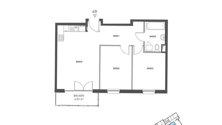 Rzut - Mieszkanie na sprzedaż 3 pokoje o powierzchni 61,09 m² - numer 49 w Wzgórze Krzemionki II