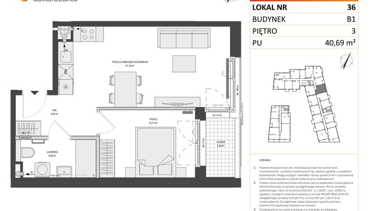 Rzut - Mieszkanie na sprzedaż 2 pokoje o powierzchni 40,69 m² - numer B1.36 w Zajezdnia Motława