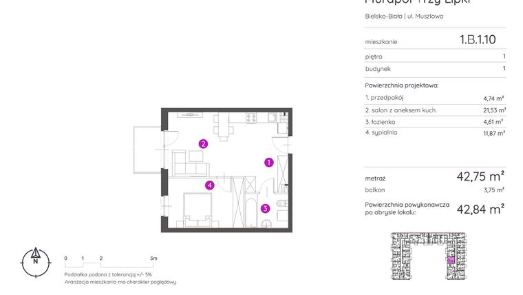 Rzut - Mieszkanie na sprzedaż 2 pokoje o powierzchni 42,84 m² - numer 1.B.1.10 w Murapol Trzy Lipki