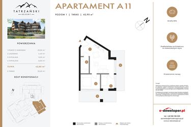 Rzut - Mieszkanie na sprzedaż 3 pokoje o powierzchni 42,9 m² - numer A11 w Tatrzański Resort
