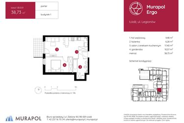Rzut - Mieszkanie na sprzedaż 1 pokój o powierzchni 38,73 m² - numer 1.B.0.01 w Murapol Ergo