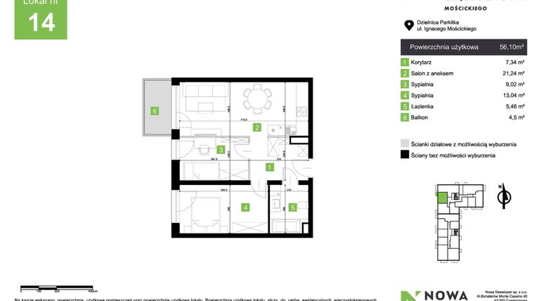 Rzut - Mieszkanie na sprzedaż 3 pokoje o powierzchni 56,1 m² - numer M14 w Nowa Częstochowa Mościckiego