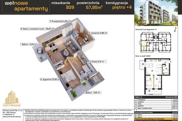 Rzut - Mieszkanie na sprzedaż 3 pokoje o powierzchni 57,23 m² - numer B29 w Osiedle Wełnowe Apartamenty