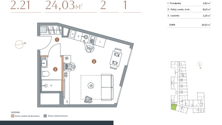 Rzut - Mieszkanie na sprzedaż 1 pokój o powierzchni 24,03 m² - numer 2.21 w Starowiejska 3