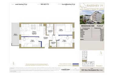 Rzut - Mieszkanie na sprzedaż 4 pokoje o powierzchni 74,35 m² - numer 49 w Barbary 19