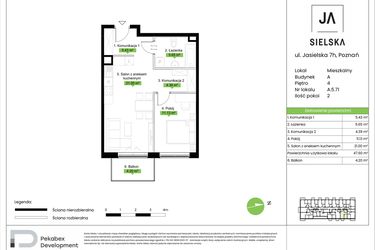 Rzut - Mieszkanie na sprzedaż 2 pokoje o powierzchni 47,6 m² - numer A.5.71 w JA_SIELSKA V