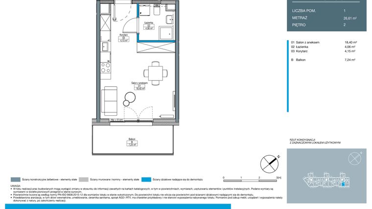 Rzut - Mieszkanie na sprzedaż 1 pokój o powierzchni 26,61 m² - numer DA0203 w Talarowa Park II