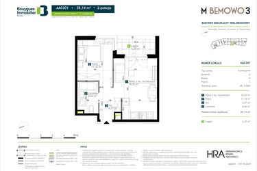 Rzut - Mieszkanie na sprzedaż 2 pokoje o powierzchni 38,14 m² - numer AA0301 w M Bemowo 3