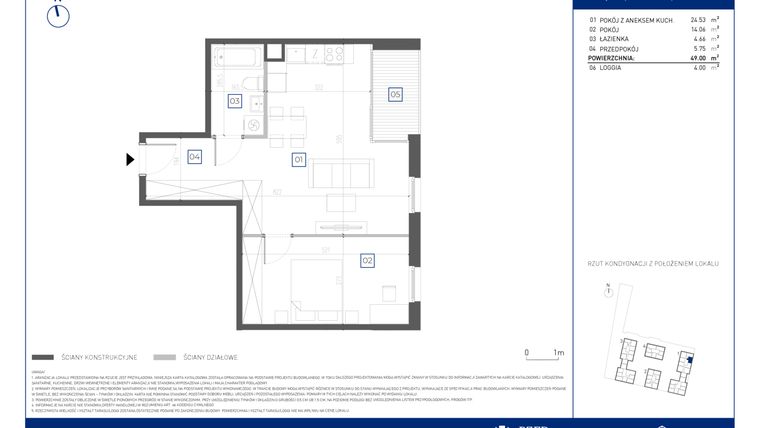 Rzut - Mieszkanie na sprzedaż 2 pokoje o powierzchni 49 m² - numer 1.1.9 w Atria Nowe Żerniki
