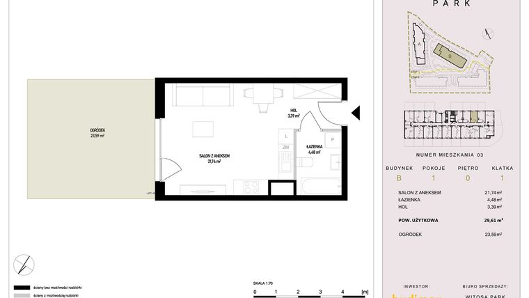 Rzut - Mieszkanie na sprzedaż 1 pokój o powierzchni 29,61 m² - numer B3 w Witosa Park