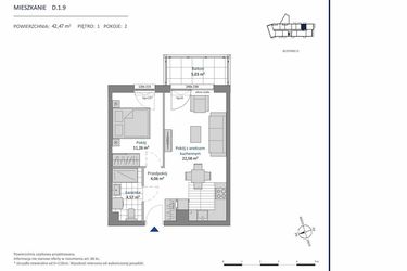 Rzut - Mieszkanie na sprzedaż 2 pokoje o powierzchni 42,47 m² - numer D.1.9 w Nowa Dąbrowa bud. DE