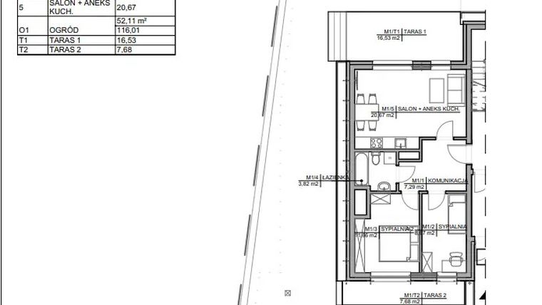 Rzut - Mieszkanie na sprzedaż 3 pokoje o powierzchni 52,11 m² - numer 1 w Kamienica Warszawska 34