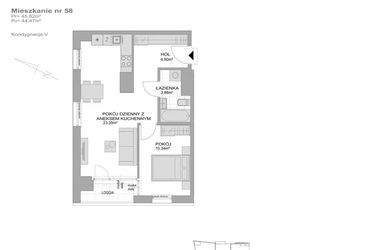 Rzut - Mieszkanie na sprzedaż 2 pokoje o powierzchni 45,82 m² - numer CP/R7/58 w Centralpark