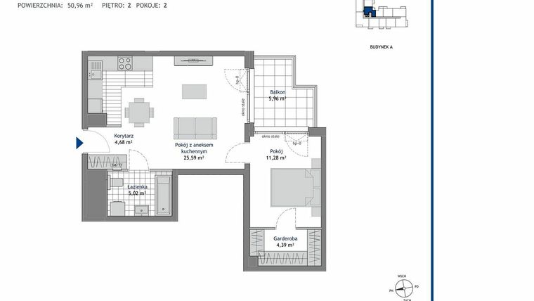 Rzut - Mieszkanie na sprzedaż 2 pokoje o powierzchni 50,96 m² - numer A.2.5 w Linea bud. A