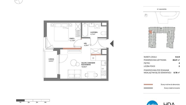 Rzut - Mieszkanie na sprzedaż 2 pokoje o powierzchni 39,27 m² - numer H.4.9 w Łopuszańska 47 - etap 3