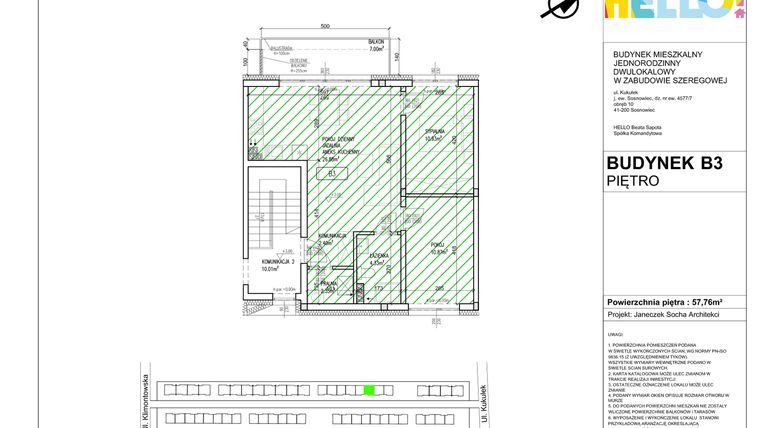 Rzut - Mieszkanie na sprzedaż 3 pokoje o powierzchni 57,76 m² - numer B3.2 w HELLO! KUKUŁKI bud. B