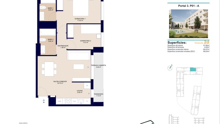 Rzut - Mieszkanie na sprzedaż 2 pokoje o powierzchni 69,03 m² - numer 1-B w Mieszkania w Alicante - 48158915