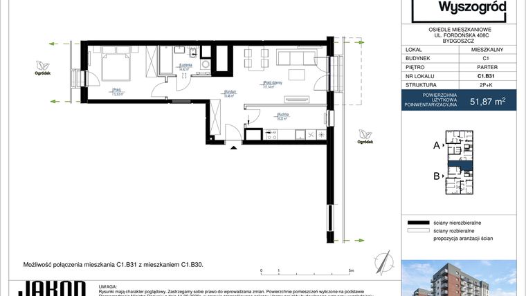 Rzut - Mieszkanie na sprzedaż 2 pokoje o powierzchni 51,87 m² - numer C1.B31 w Nowy Wyszogród etap II