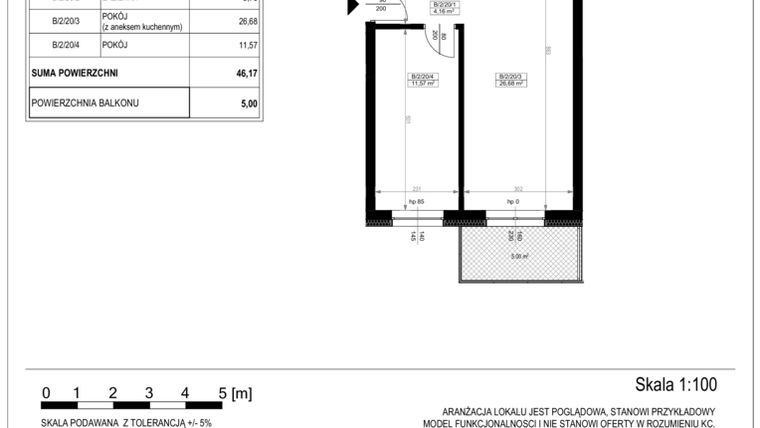 Rzut - Mieszkanie na sprzedaż 2 pokoje o powierzchni 46,21 m² - numer B-2-20 w Zamieszkaj na Rudawskiej 5