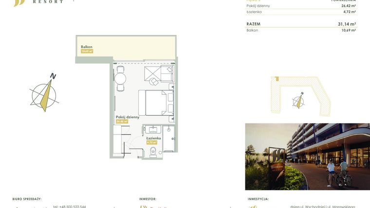 Rzut - Mieszkanie na sprzedaż 1 pokój o powierzchni 31,14 m² - numer H.2.45 w Harmony Resort