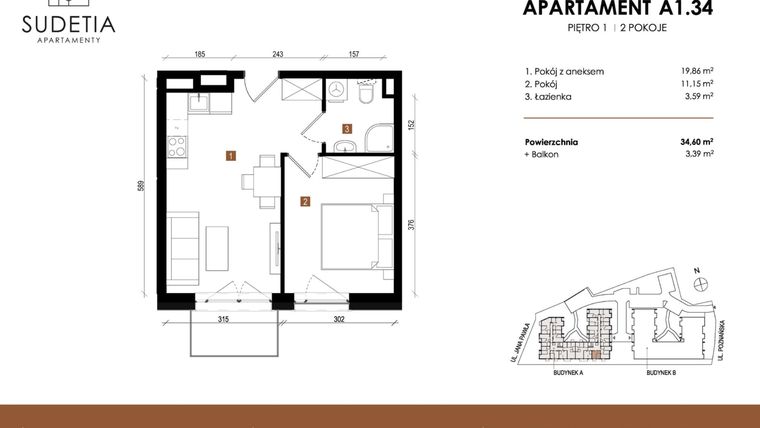 Rzut - Mieszkanie na sprzedaż 2 pokoje o powierzchni 34,6 m² - numer A 1.34 w Apartamenty Sudetia