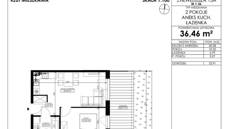 Rzut - Mieszkanie na sprzedaż 2 pokoje o powierzchni 36,46 m² - numer JAR-II-B-LM-M5 w Osiedle JAR Heweliusza etap II