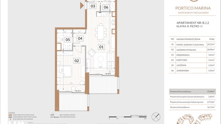 Rzut - Mieszkanie na sprzedaż 2 pokoje o powierzchni 66,38 m² - numer B.1.2 w Portico Marina