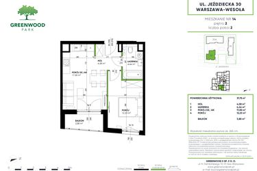 Rzut - Mieszkanie na sprzedaż 2 pokoje o powierzchni 37,75 m² - numer A 14 w Greenwood Park