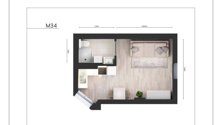 Rzut - Mieszkanie na sprzedaż 1 pokój o powierzchni 23 m² - numer 34 w Kilińskiego 33