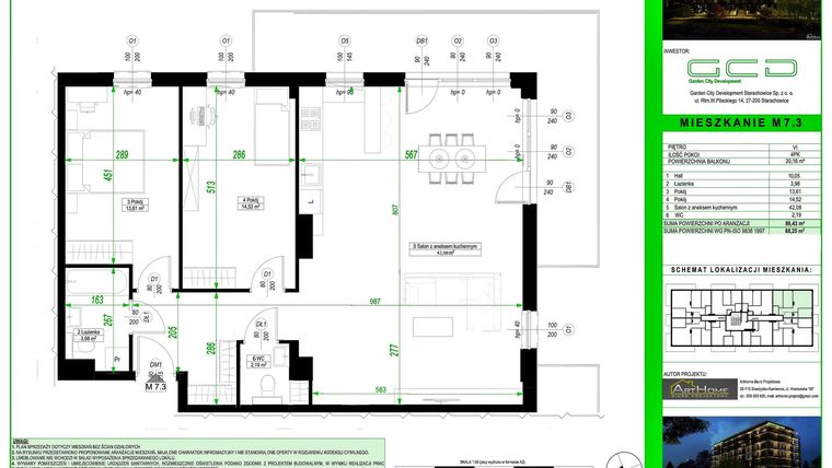 Rzut - Mieszkanie na sprzedaż 3 pokoje o powierzchni 86,43 m² - numer 7.3. w City Park Apartments