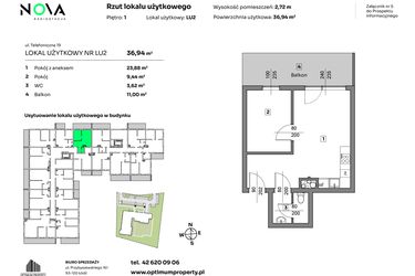 Rzut - Mieszkanie na sprzedaż 2 pokoje o powierzchni 36,94 m² - numer L.U. 2 w Nova Radiostacja - apartamenty inwestycyjne